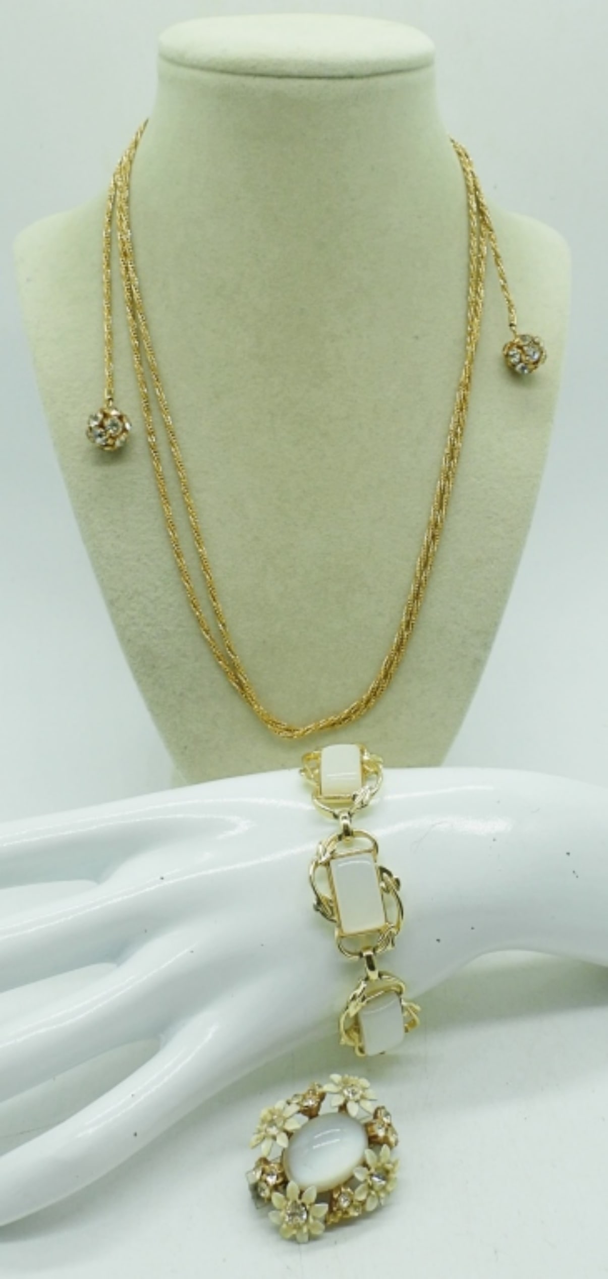 GOLD & WHITE CORO BRACELET & MORE: VINTAGE CORO BRACELET, 7". WRAP NECKLACE, 50".