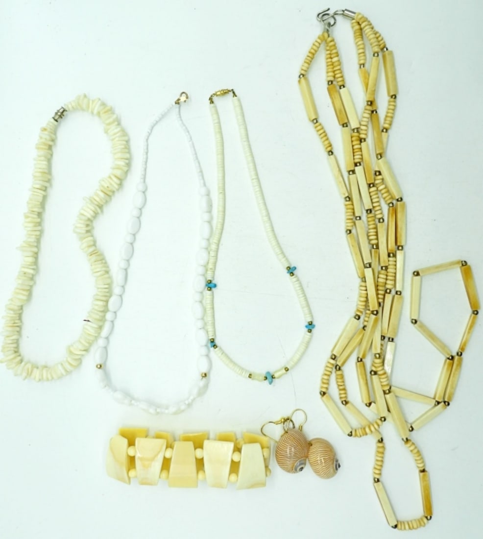 (6) SHELL JEWELRY & MORE: NECKLACES 16"-24". STRETCHY BRACELET, 8". SHELL PIERCED EARRINGS