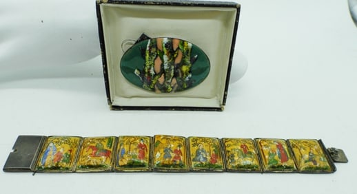 HAND PAINTED VTG BRACELET & BROOCH