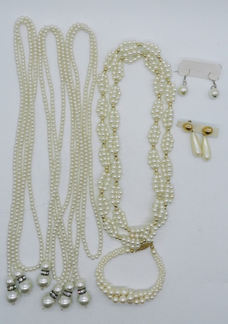 (7) PIECE FAUX PEARL SET: 3 LARIAT FAUX PEARL NECKLACES, 40". OTHER NECKLACE 32". BRACELET 7". TWO PAIR PIERCED EARRINGS