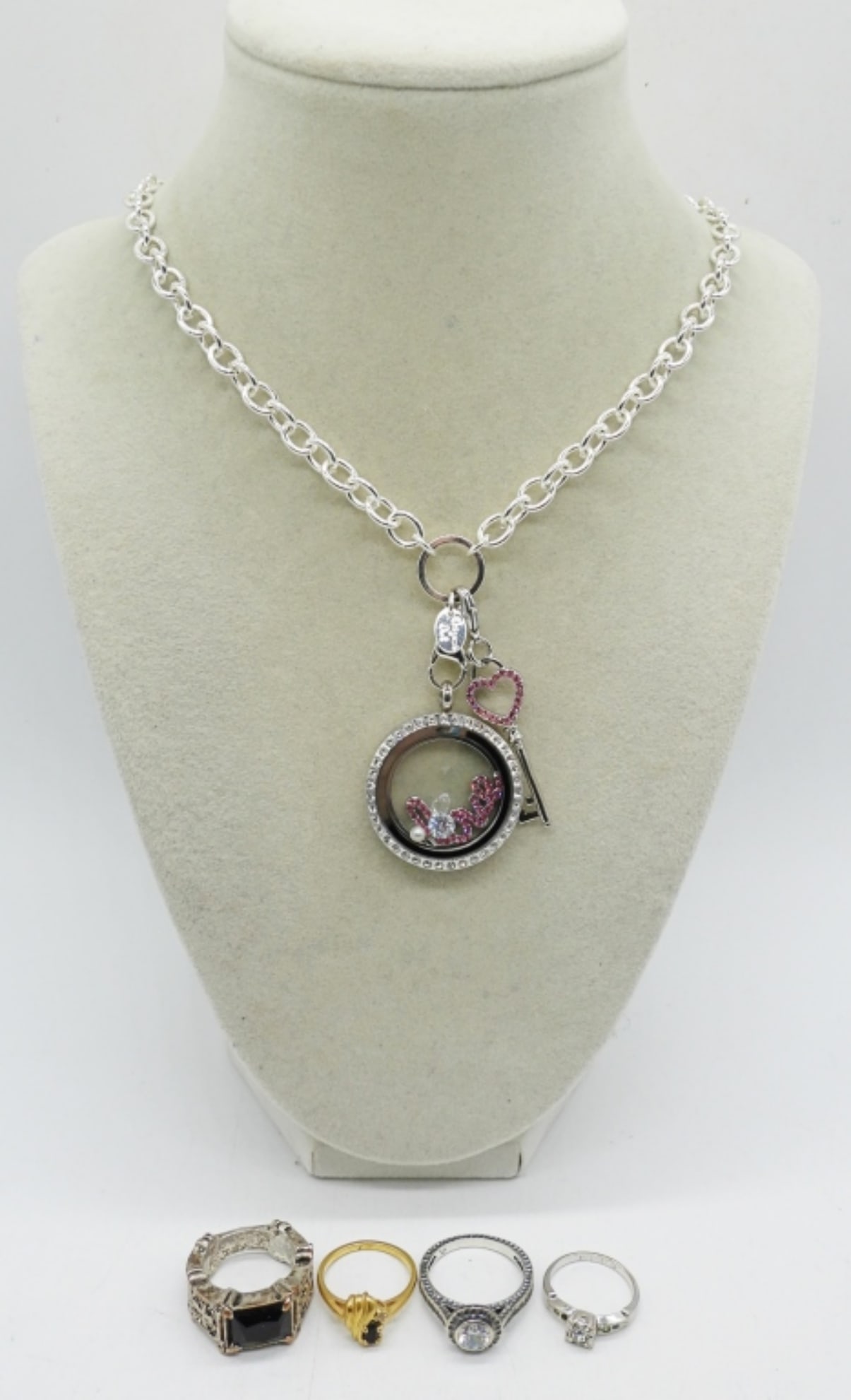 ORIGAMI OWL NECKLACE & MORE: ORIGAMI OWL NECKLACE 32". FOUR FASHION RINGS, 5.5-9