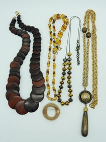 (4) GOLD & BROWN NECKLACES - PIN
