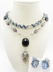 TWO BLUE NECKLACES & RHINESTONE EARRINGS