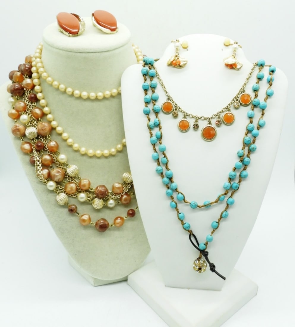 VINTAGE NECKLACES, EARRINGS: FOUR NECKLACES, 16-30". TWO PAIR CLIP ON EARRINGS