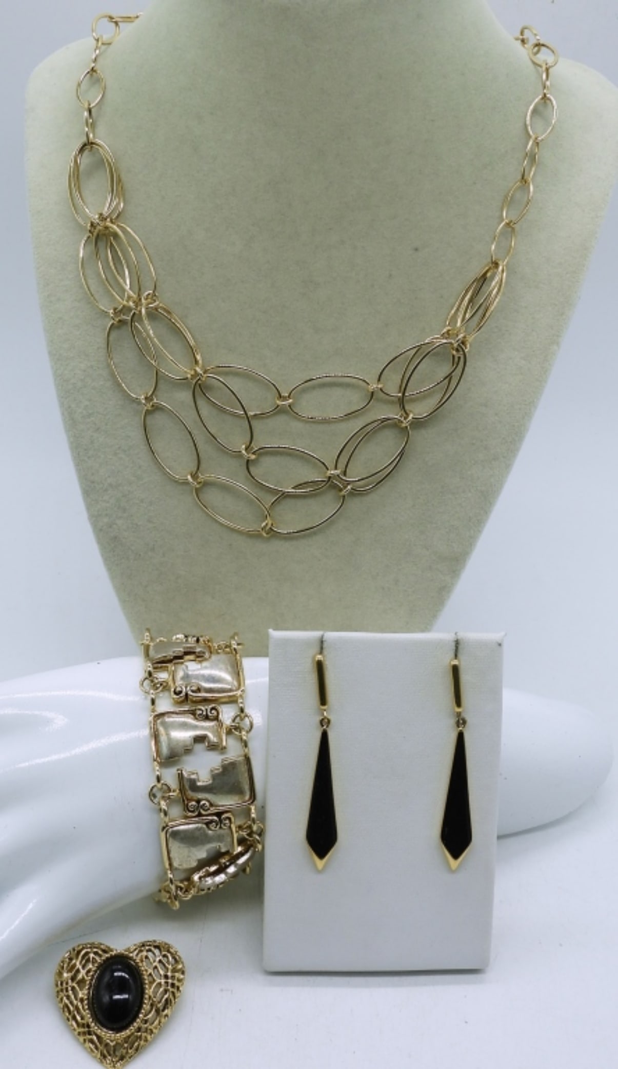 GOLD & BLACK FASHION BRACELET, NECKLACE +: NECKLACE, 20". BRACELET 7". PIERCED EARRINGS