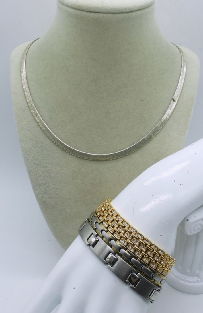 THICK BRACELETS & CHAIN: 3 THICK & HEAVY BRACELETS, 7" & 8". CHAIN IS 22".