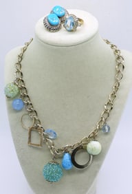 (3) LADIES BLUE AND GOLD TONE JEWELRY SET