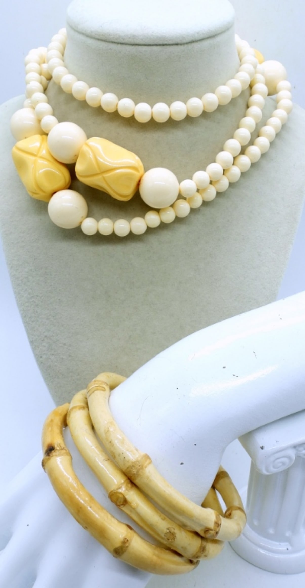 LADIES PEARL NECKLACE AND MORE: LADIES 36" PEARL NECKLACE , 3 BAMBOO BANGEL BRACELETS