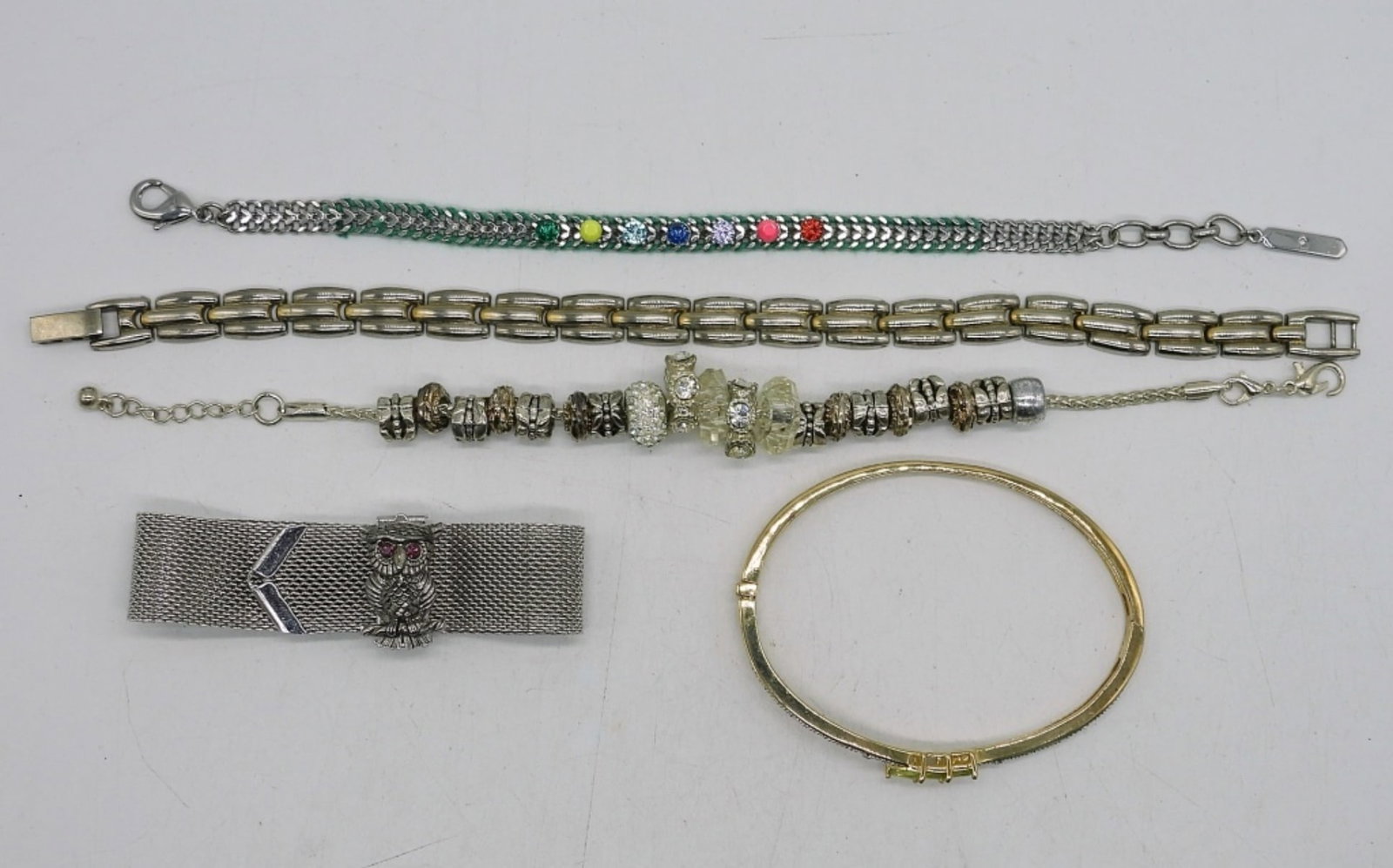 (5) BRACELETS - SARAH COV: SARAH COVENTRY OWL BRACELET & FOUR MORE. 7-8"