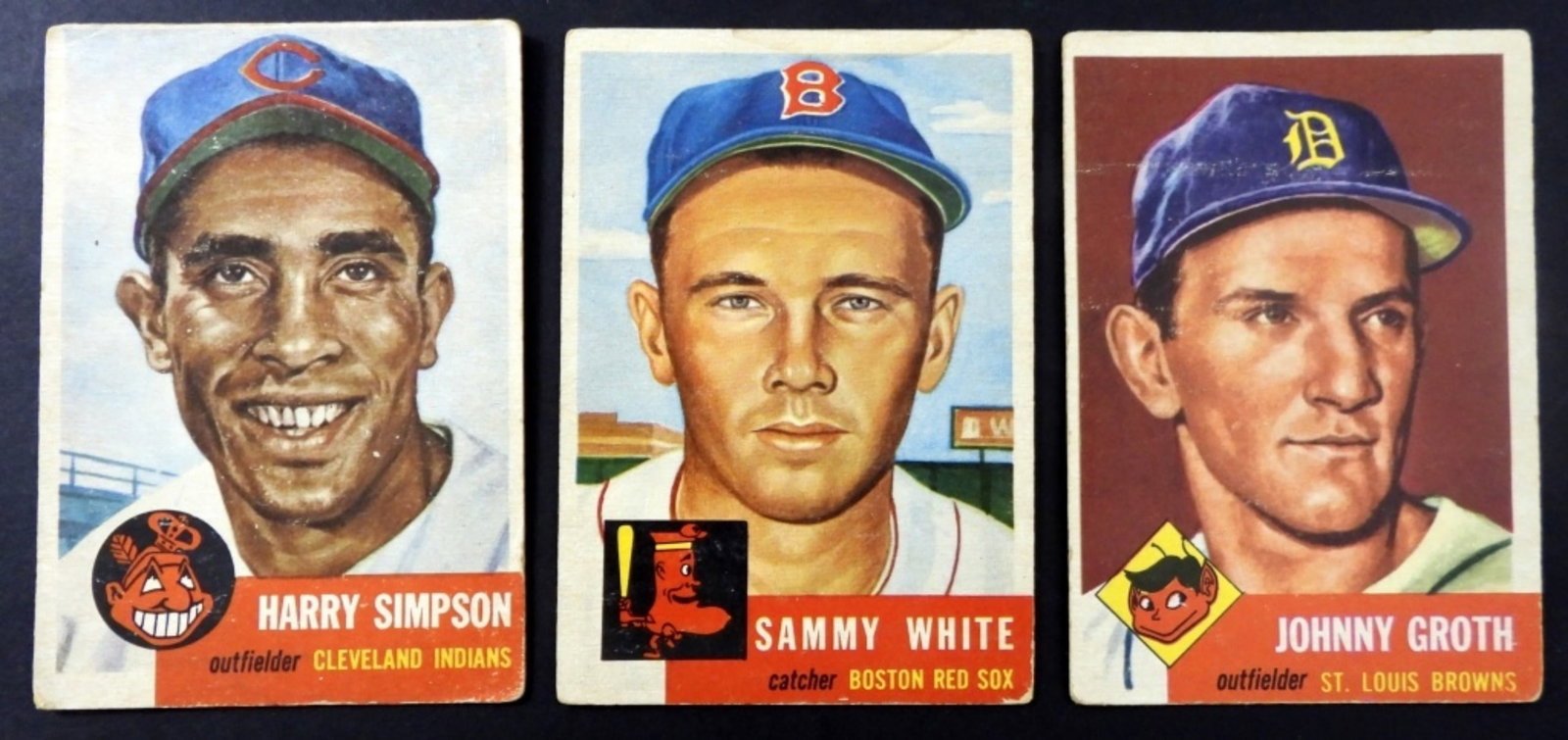(3) 1953 TOPPS BASEBALL CARDS: (3) 1953 TOPPS BASEBALL CARDS ,# 36 JOHN GROTH, #139 SAMUAL WHITE, #150 HARRY SIMPSON (VG)