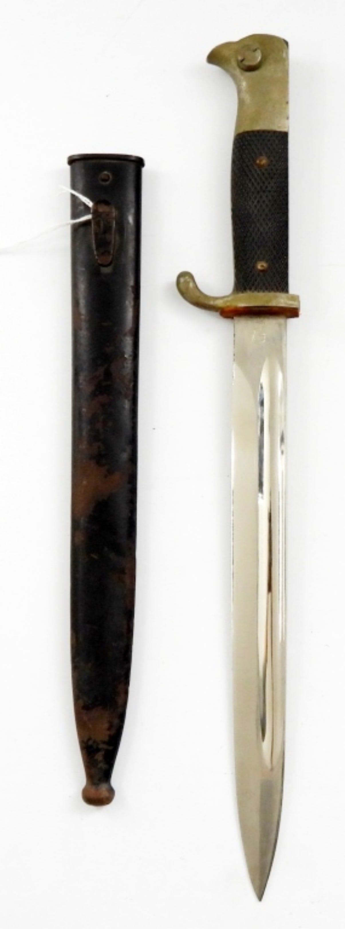 WKC GERMAN BAYONET w/SCABBARD: 14 1/2" LONG TOTAL - NO MAKERS STAMP - BLACK ANTLER HANDLE with HAND CRAFTED LEATHER SHEATH