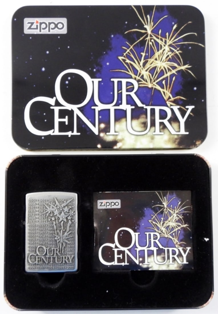 SEALED 1999 ZIPPO OUT CENTURY LIGHTER: IN ORIGINAL TIN CASE, SEALED, 1994