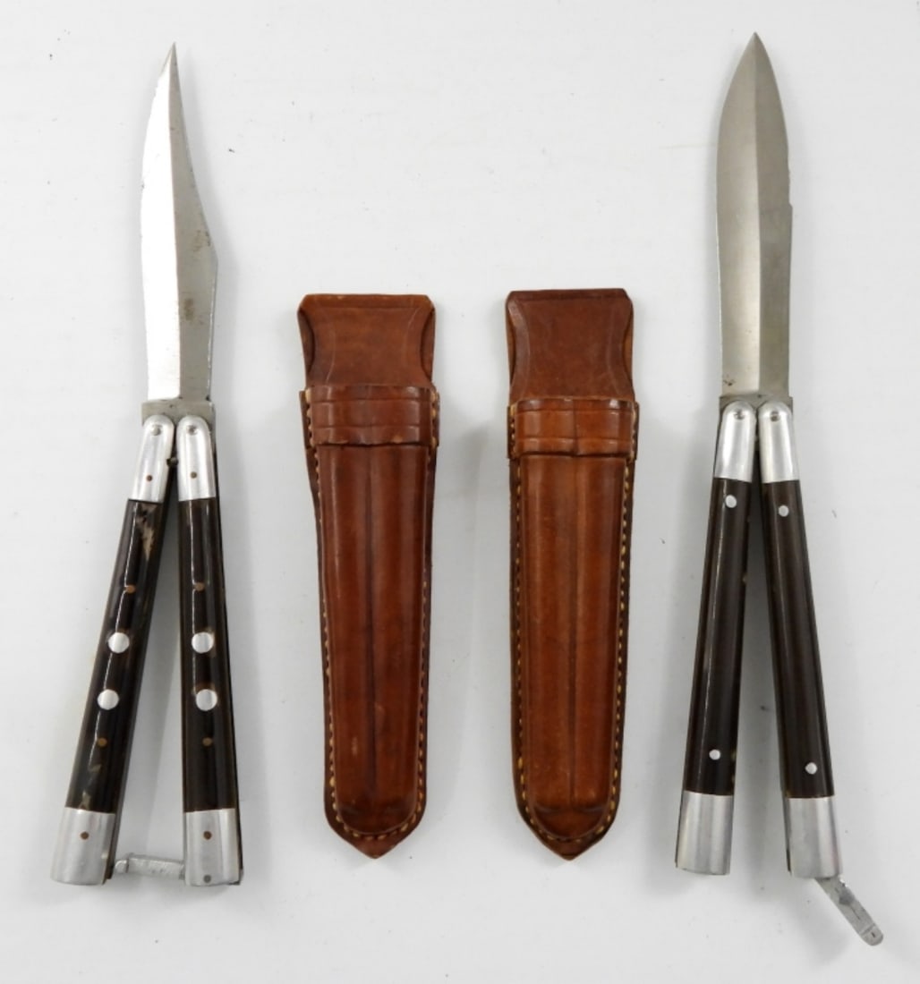 (2) BUTTERFLY KNIVES in LEATHER SHEATHS (1 of 2)