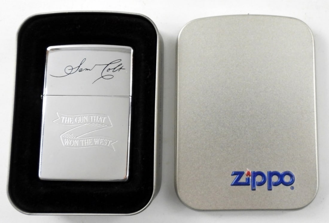 1996 SEALED /UNFIRED SAM COLT SIGNATURE ZIPPO: 1996 SEALED /UNFIRED SAM COLT SIGNATURE ZIPPO ETCHED THE GUN THE WON THE WEST SCROLL