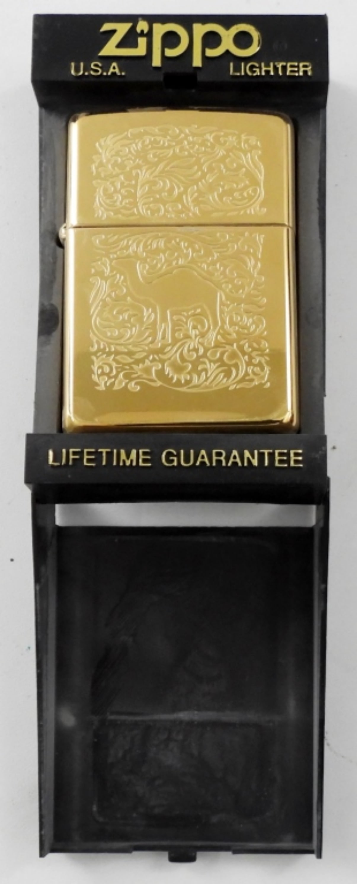 1996 UNFIRED BRASS CAMEL LOGO ZIPPO: 1996 UNFIRED BRASS CAMEL LOGO WESTERN 22K GOLD PLATED ZIPPO IN CASE