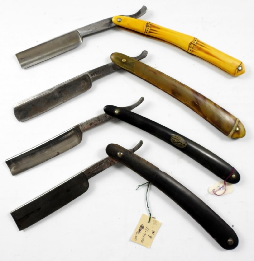 (4) VTG RAZORS IN COFFIN BOXES: FOUR VINTAGE RAZORS IN COFFIN BOXES. RED INJUN, IMPERIAL, WADE & BUTCHER.