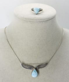 LARIMAR WHALE TAIL NECKLACE & RING 925