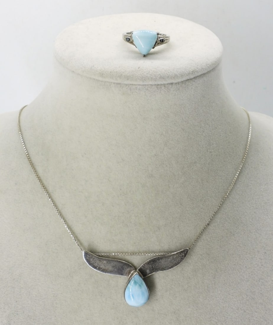 LARIMAR WHALE TAIL NECKLACE & RING 925