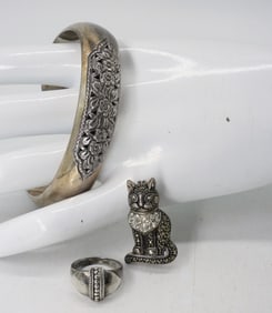 ORNATE STERLING BRACELET, PIN & RING