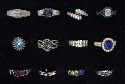 (12) STERLING FASHION GEMSTONE RINGS