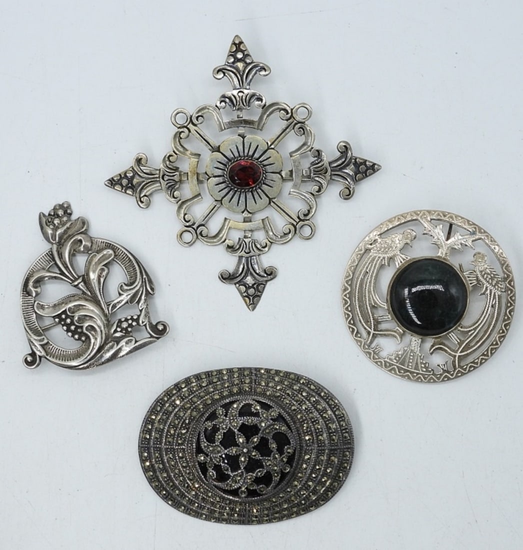 (4) STERLING VTG BROOCHES W/ GEMSTONES (1 of 2)