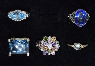 (5) 925 BLUE GEMSTONE LADIES RINGS