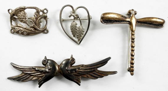 LOS CASTILLO TAXCO 925 DOVE PIN plus: MEXICO 925 DRAGONFLY PIN, ROMA STERLING HEART/LEAF PIN & STERLING ACORN PIN (16 DWT)