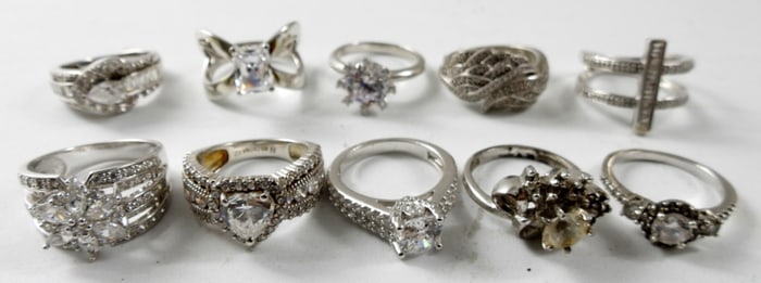 (10) CLEAR STONE STERLING RINGS