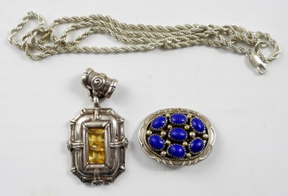 925 NECKLACE w/(2) GEMSTONE PENDANTS