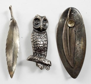 STERLING PIN LOT - OWL & ISRAEL LEAF