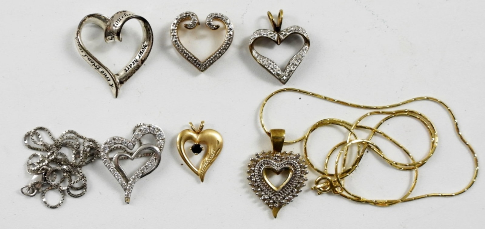 (6) HEART STERLING PENDANTS w/CHAINS: (2) STERLING CHAINS GOLD TONE 18" & SILVER 16" - NICE INTERCHANGEABLE LOT (11 DWT)