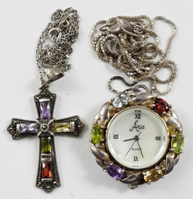 GEMSTONE CROSS & WATCH STERLING LOT