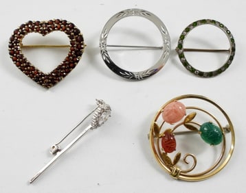 (5) CLASSIC STERLING PINS - GARNET HEART