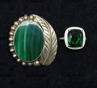MEXICO 925 MALACHITE BROOCH & RING