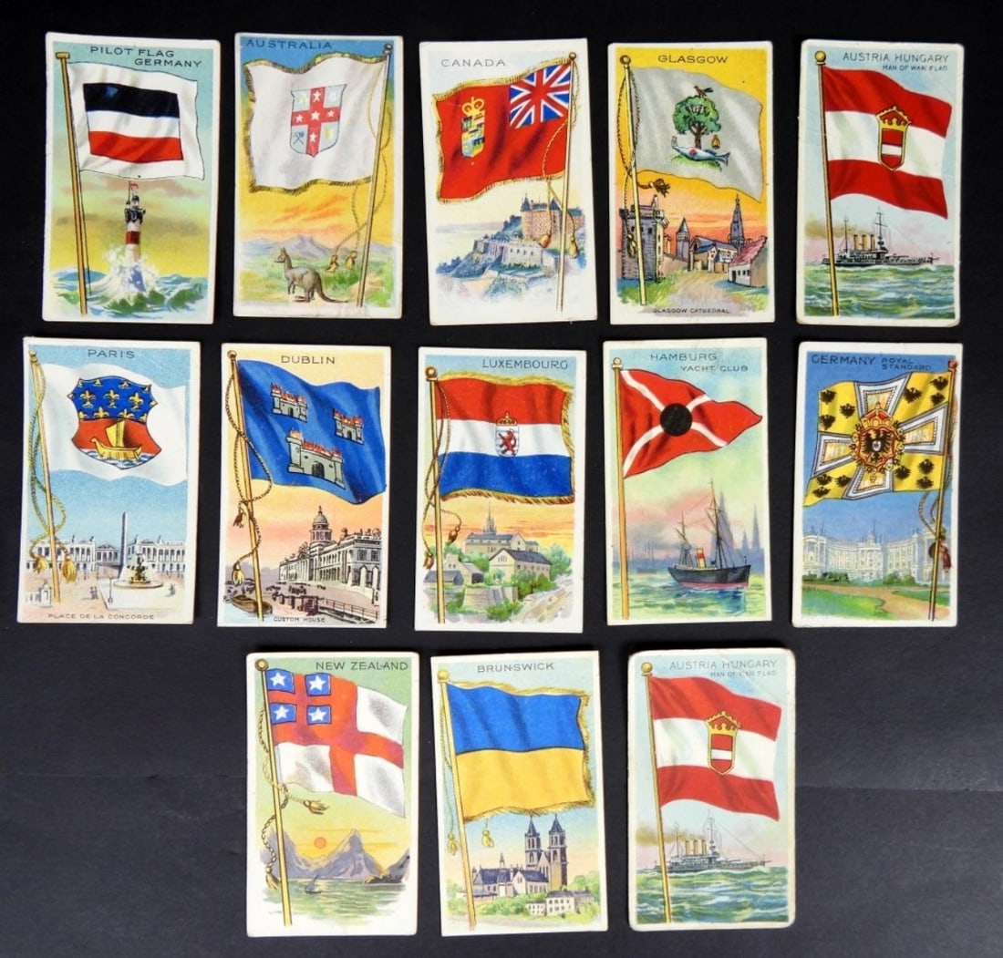 (13) 1909-1911 T59 FLAGS of ALL NATIONS: ALL DIFFERENT - RECRUIT LITTLE CIGARS TOBACCO CARDS