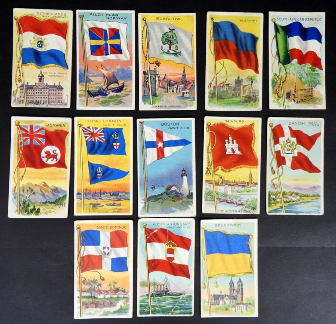 (13) 1909-1911 T59 FLAGS of ALL NATIONS: ALL DIFFERENT - RECRUIT LITTLE CIGARS TOBACCO CARDS