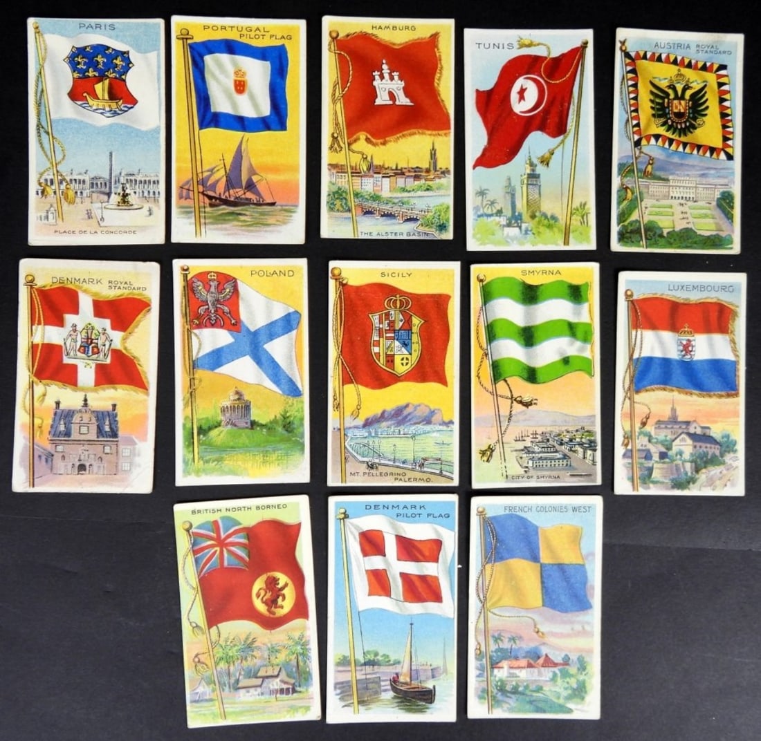 (13) 1909-1911 T59 FLAGS of ALL NATIONS: ALL DIFFERENT - RECRUIT LITTLE CIGARS TOBACCO CARDS