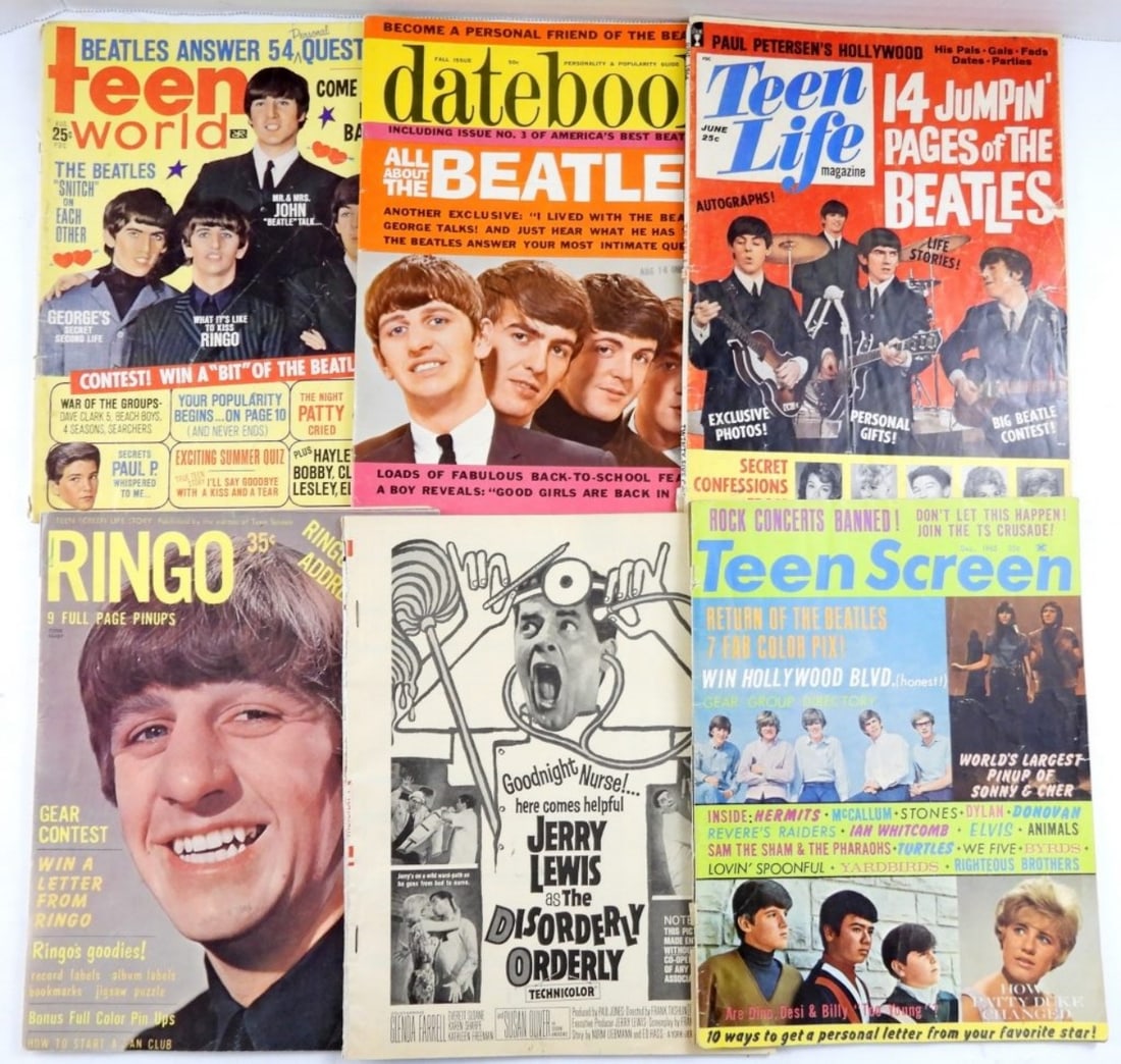 6 VTG TEEN MAGAZINES FEAT. THE BEATLES: SIX VINTAGE TEEN MAGAZINES FEATURING THE BEATLES, CIRCA 1964. DATEBOOK FALL ISSUE 1964 IN PRETTY GOOD CONDITION. TEEN WORLD, TEEN LIFE, TEEN SCREEN IN OK CONDITION (RIPS & TEARS). PHOTOPLAY & RINGO MA