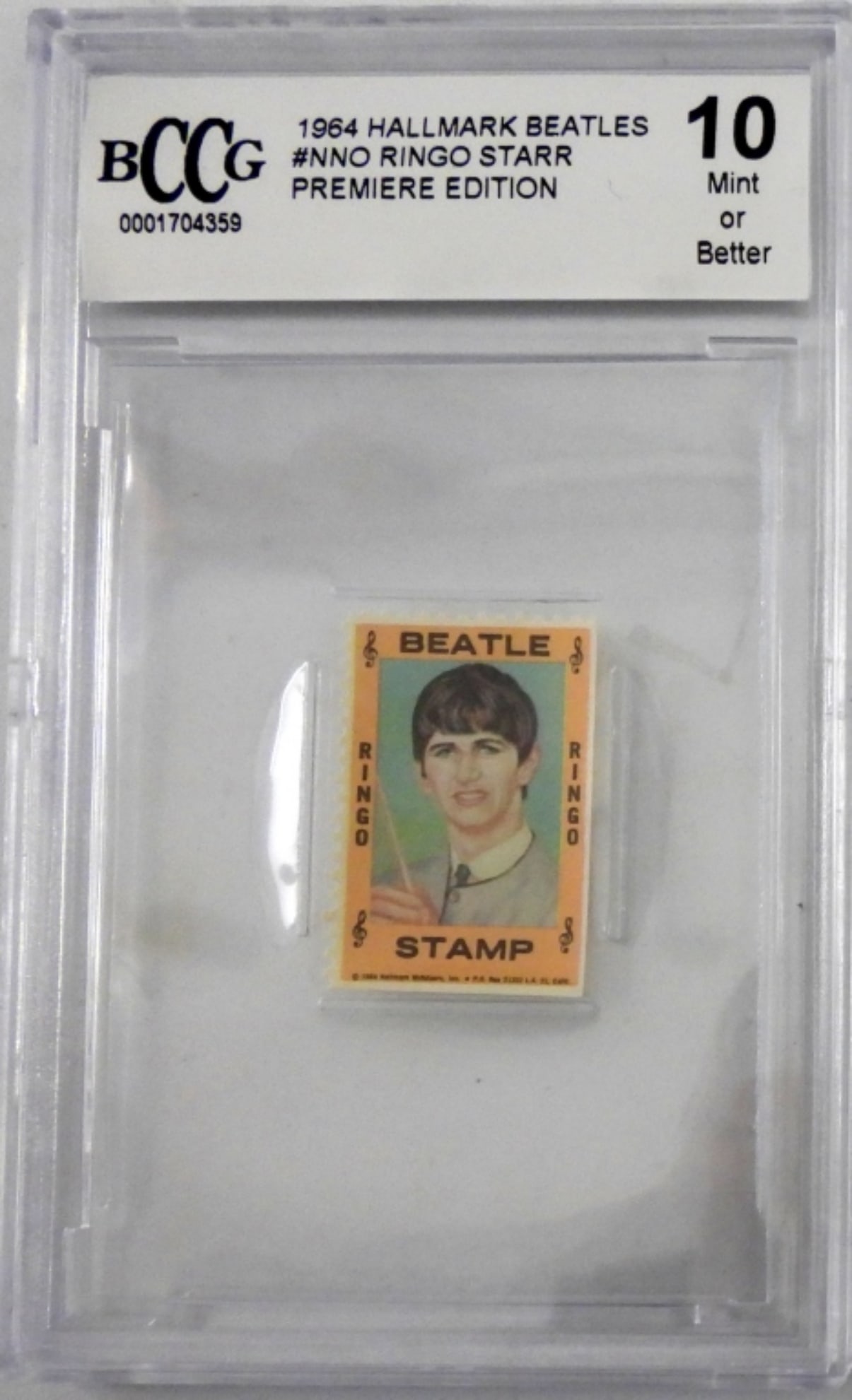 1964 HALLMARK RINGO BEATLES STAMP BCCG: 1964 HALLMARK BEATLES #NNO RINGO STARR PREMIERE EDITION - BCCG 0001704359 - 10 MINT OR BETTER