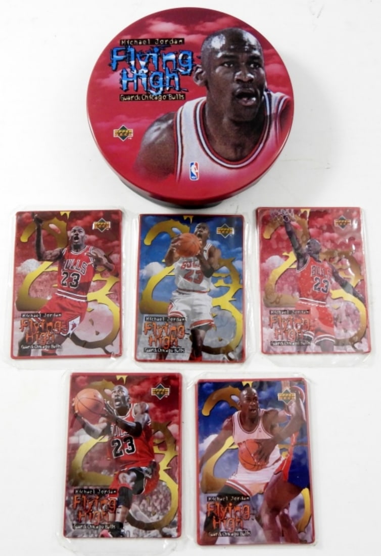 MICHAEL JORDAN FLYING HIGH METAL CARDS: MICHAEL JORDAN, AVON, FLYING HIGH METAL CARD SET. IN ORIGINAL TIN & BOX! 5 METAL CARDS STILL IN PLASTIC.