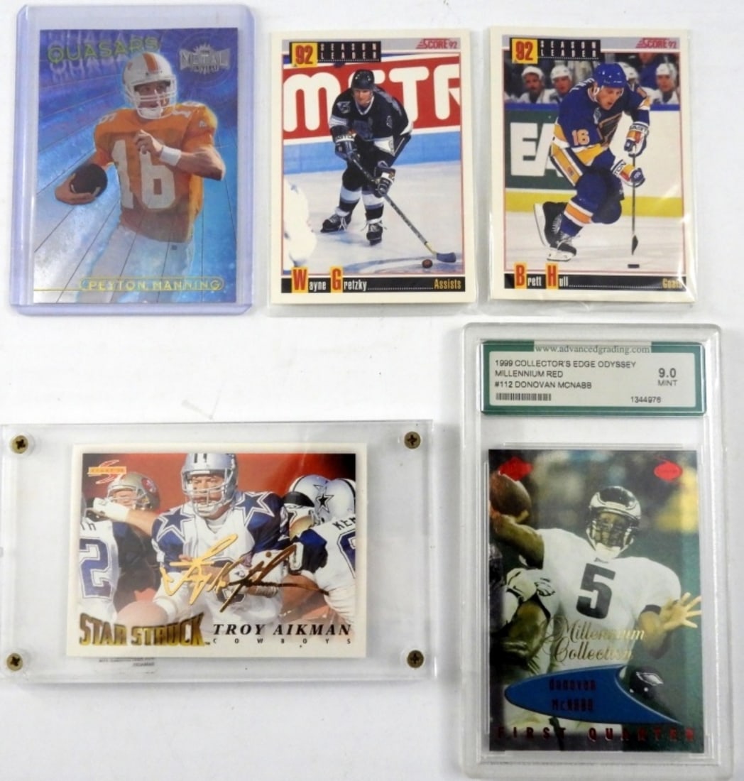 FOOTBALL & HOCKEY STAR CARD LOT: GRETZKY, HULL, MANNING, AIKMAN 24k GOLD REPLICA SIGNATURE & McNABB ROOKIE GRADED AGS 9