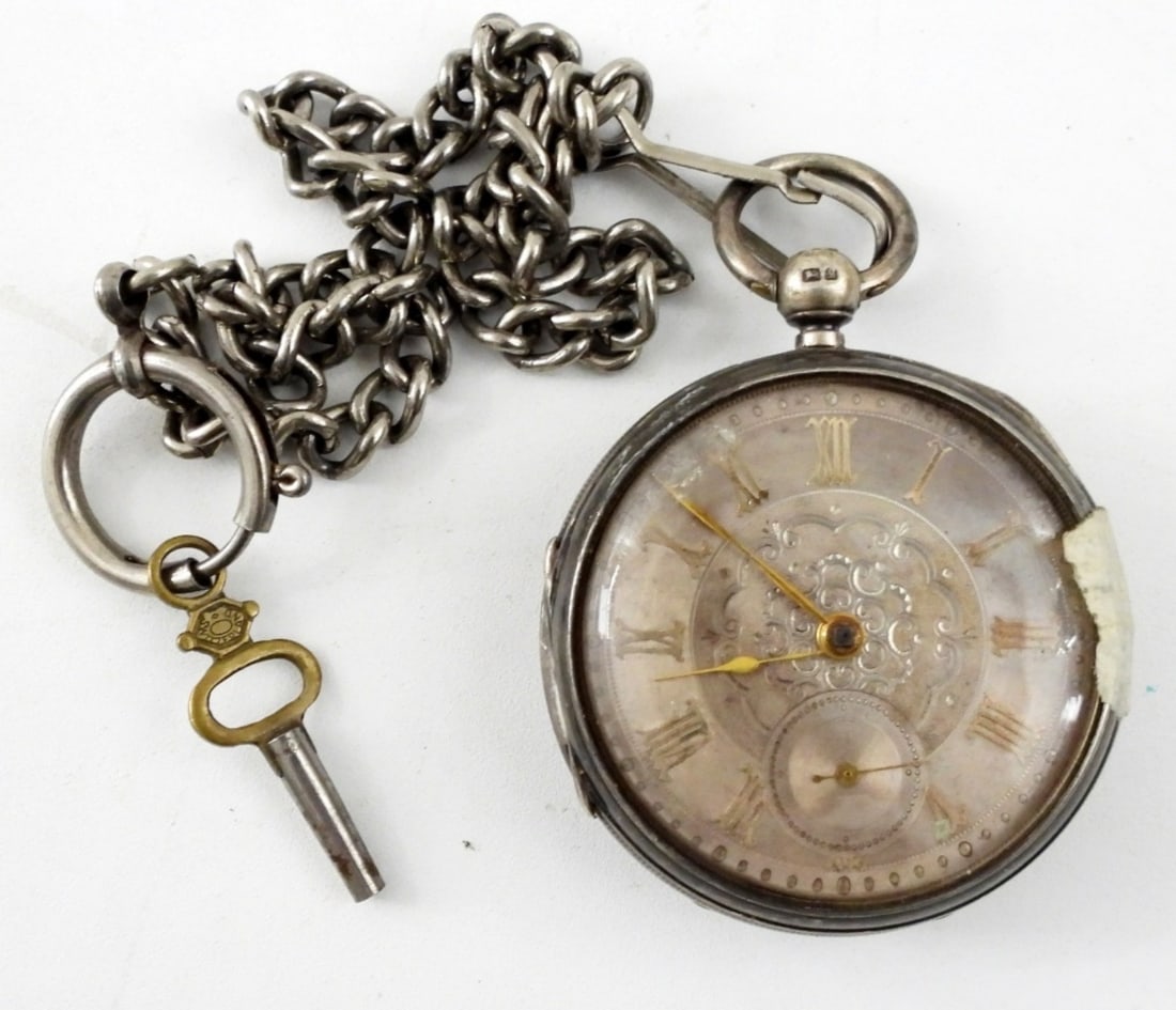 STERLING SILVER KEY WIND POCKET WATCH (1 of 4)