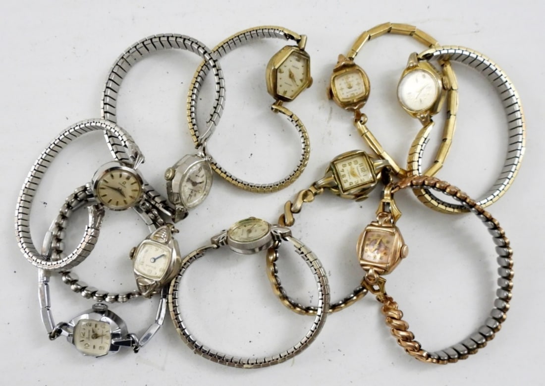 (10) VTG PETITE LADIES WATCHES: 10 VINTAGE, PETITE LADIES WATCHES. GRUEN, BULOVA, OMEGA, HELBROS, & MORE. -NOT TESTED AS TO WORKING OR NOT-