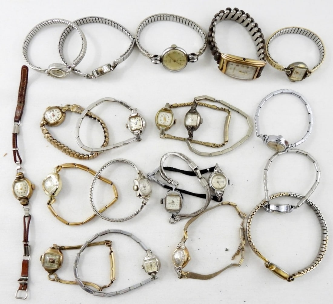 (20) ANTIQUE VTG WOMEN'S WATCHES: 20 LADIES GOLD AND SILVER TONE WATCHES. ELGIN, TIMEX, FELCA, WESTFIELD, GRUEN & MORE. -NOT TESTED AS TO WORKING OR NOT!-