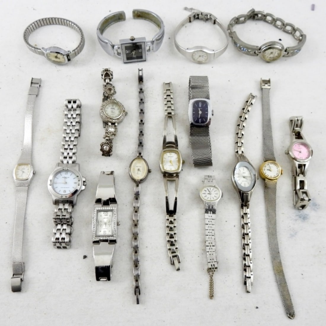 (15) SILVER TONE LADIES WATCHES: UNTESTED LOT - BIG VARIETY - VARIOUS CONDITIONS