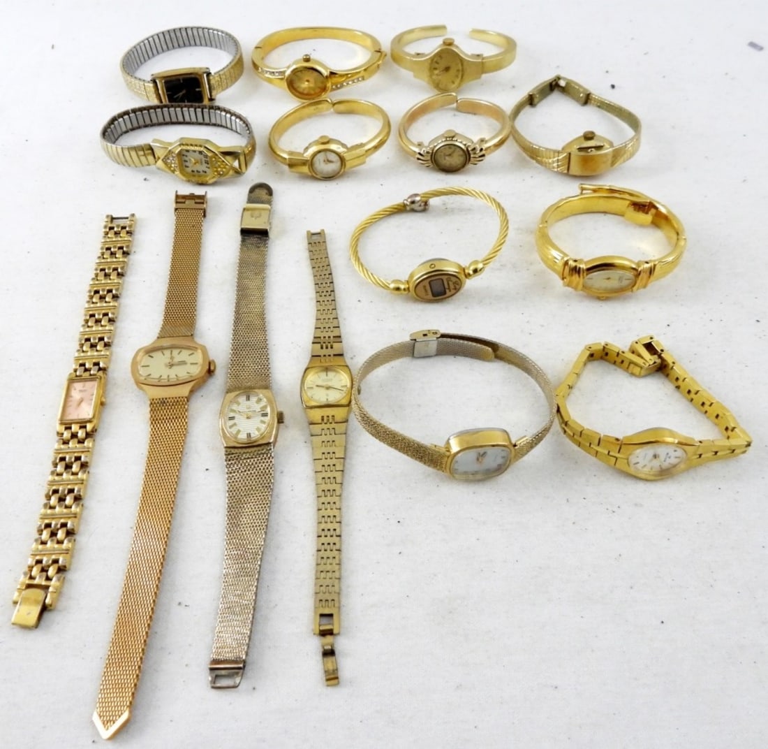 (15) GOLD TONE LADIES WATCHES: UNTESTED LOT - BIG VARIETY - VARIOUS CONDITIONS