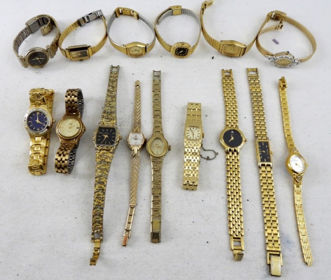 (15) GOLD TONE LADIES WATCHES: UNTESTED LOT - BIG VARIETY - VARIOUS CONDITIONS