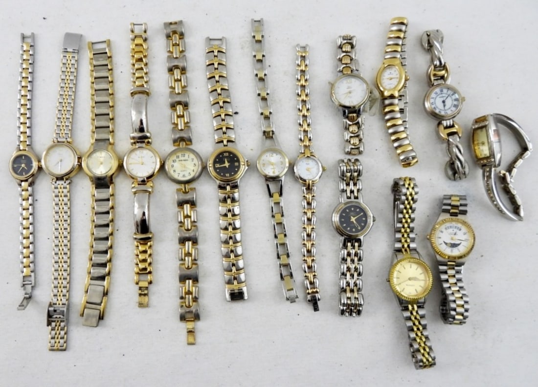 (15) TWO TONE LADIES WATCHES: UNTESTED LOT - BIG VARIETY - VARIOUS CONDITIONS