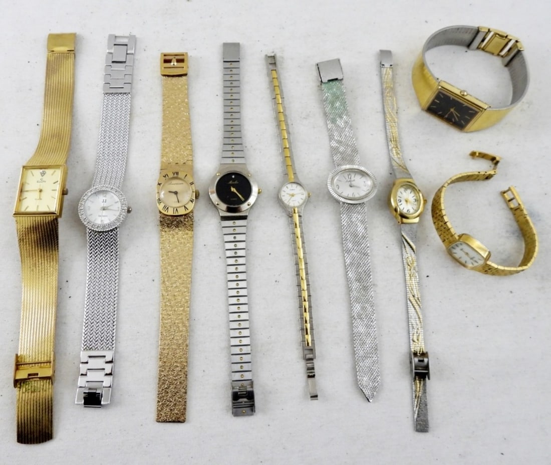 (9) SLEEK BAND LADIES WATCHES: NICE LOT - ELGIN, SEIKO, BULOVA & MORE - UNTESTED