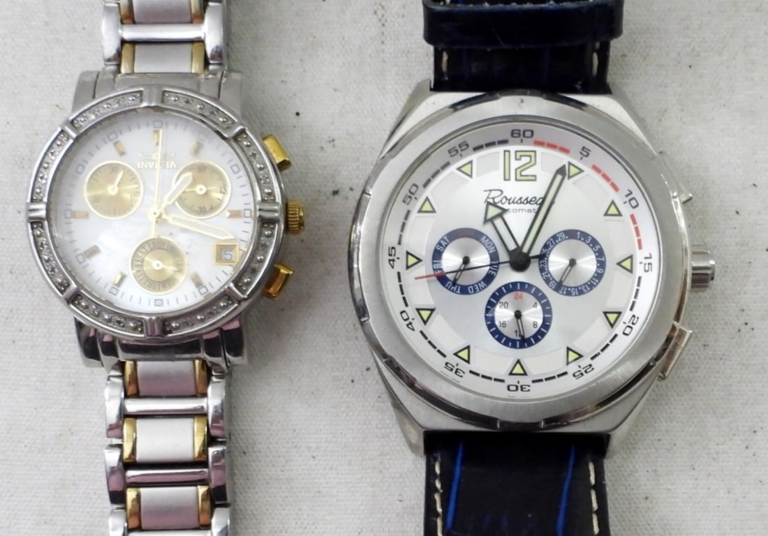(2) SILVER & BLACK CHRONOGRAPH MENS WATCHES: UNTESTED, ROUSSEAU AUTOMATIC, INVICTA